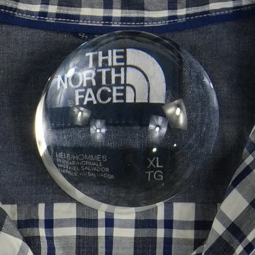 The North Face Button Up Shirt Men's Size XL Navy White Plaid 100% Cotton Pocket